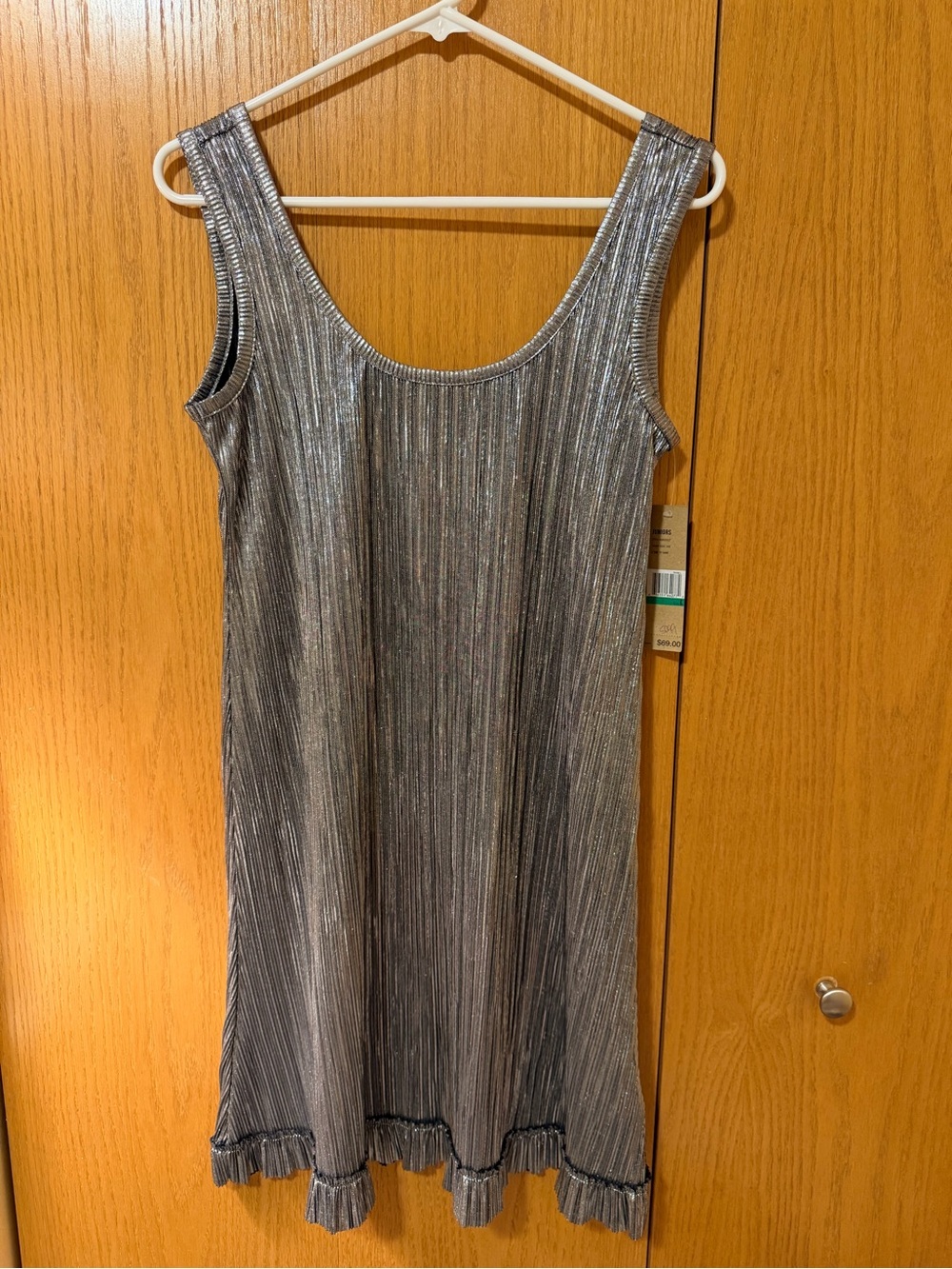 DKNY Metallic Silver Pleated Midi Dress with Ruffle Hem